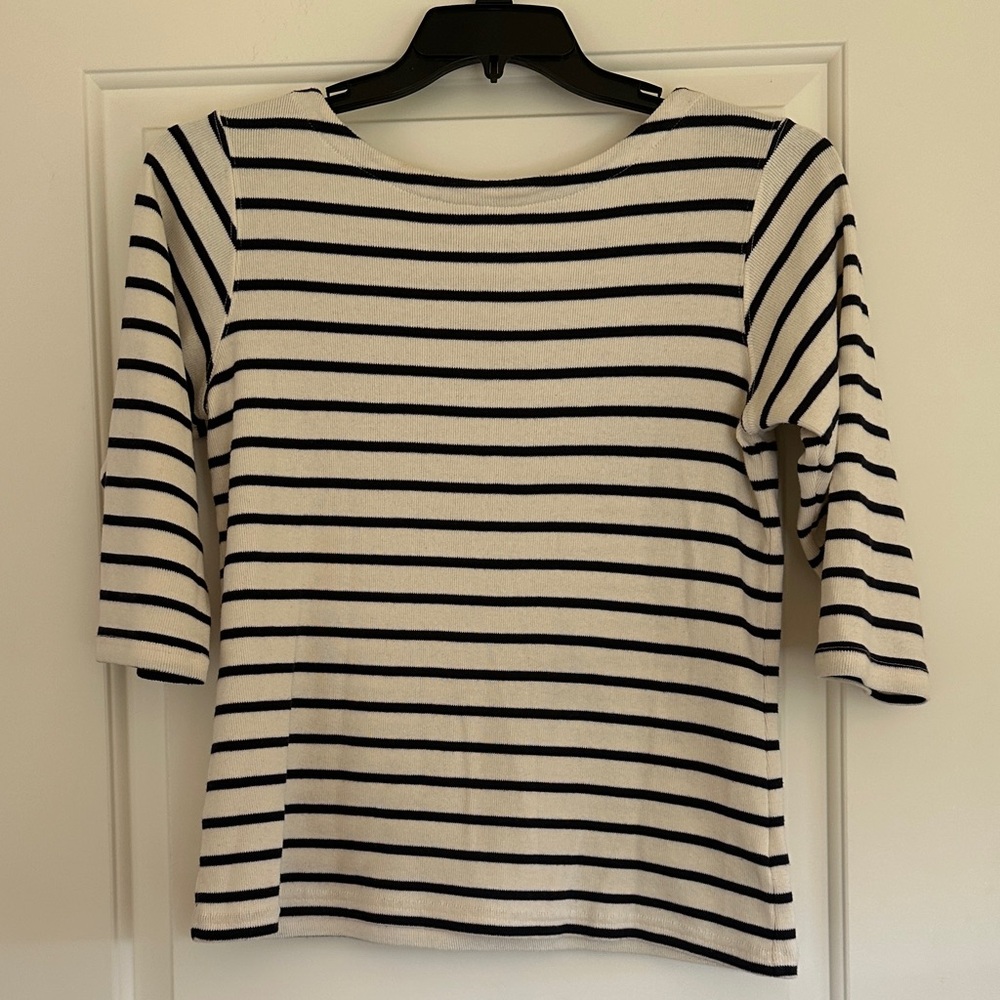 L.L. Bean Navy and White Striped Boatneck Long Sleeve Top